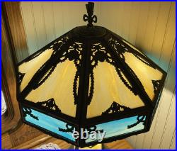 Turquoise Antique Slag Glass Art Deco Lamp with Rare Lighted Base