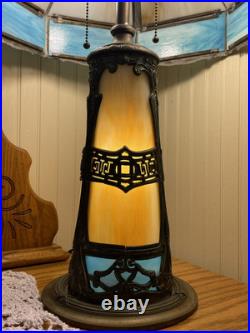 Turquoise Antique Slag Glass Art Deco Lamp with Rare Lighted Base