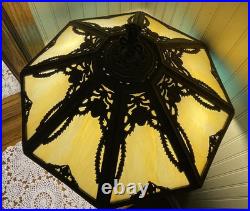 Turquoise Antique Slag Glass Art Deco Lamp with Rare Lighted Base