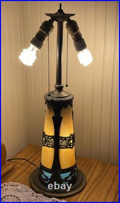 Turquoise Antique Slag Glass Art Deco Lamp with Rare Lighted Base