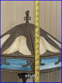 Turquoise Antique Slag Glass Art Deco Lamp with Rare Lighted Base
