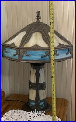 Turquoise Antique Slag Glass Art Deco Lamp with Rare Lighted Base