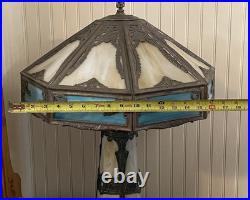Turquoise Antique Slag Glass Art Deco Lamp with Rare Lighted Base