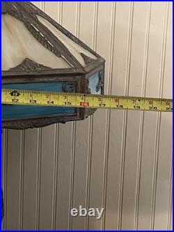 Turquoise Antique Slag Glass Art Deco Lamp with Rare Lighted Base