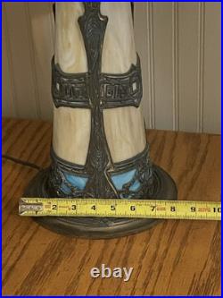 Turquoise Antique Slag Glass Art Deco Lamp with Rare Lighted Base