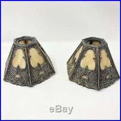 Two Antique Bradley & Hubbard Edwardian Arts & Crafts Lamp Shades Slag Glass B&H