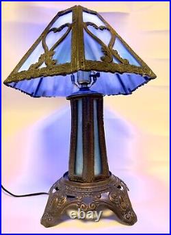 Uncommon PEH Arts & Crafts Style Blue Slag Glass Lamp