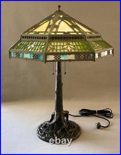 Unique Art Glass & Metal Company NY Tree Trunk Base Bronze Lamp Slag Glass Shade