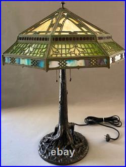 Unique Art Glass & Metal Company NY Tree Trunk Base Bronze Lamp Slag Glass Shade