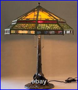 Unique Art Glass & Metal Company NY Tree Trunk Base Bronze Lamp Slag Glass Shade