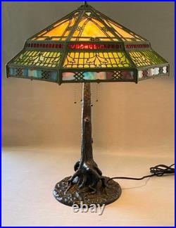 Unique Art Glass & Metal Company NY Tree Trunk Base Bronze Lamp Slag Glass Shade