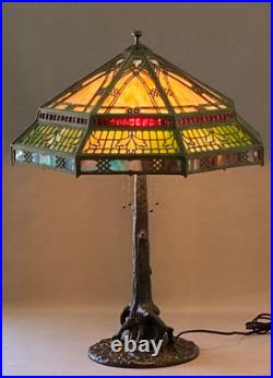 Unique Art Glass & Metal Company NY Tree Trunk Base Bronze Lamp Slag Glass Shade