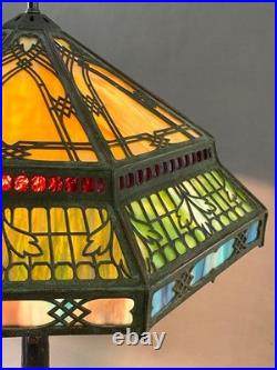 Unique Art Glass & Metal Company NY Tree Trunk Base Bronze Lamp Slag Glass Shade