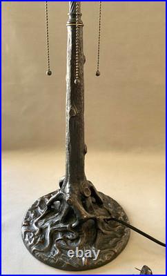 Unique Art Glass & Metal Company NY Tree Trunk Base Bronze Lamp Slag Glass Shade