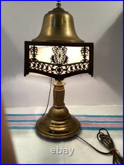 Unusual Antique Brass Boudoir Lamp White Slag Glass Shade PBL Co. #4910