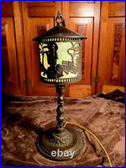 Unusual Antique Lamp With Hanging Slag Glass Asian Scenic Shade