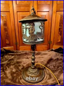 Unusual Antique Lamp With Hanging Slag Glass Asian Scenic Shade