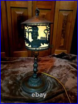Unusual Antique Lamp With Hanging Slag Glass Asian Scenic Shade