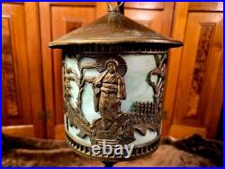 Unusual Antique Lamp With Hanging Slag Glass Asian Scenic Shade