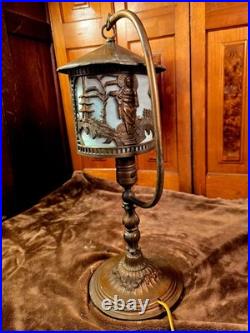 Unusual Antique Lamp With Hanging Slag Glass Asian Scenic Shade