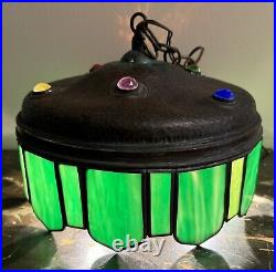Unusual Arts & Crafts Green Slag Glass Jeweled Hammered Copper Hanging Lamp Unusual Arts & Crafts Green Slag Glass Jeweled Hammered Copper Hanging Lamp
