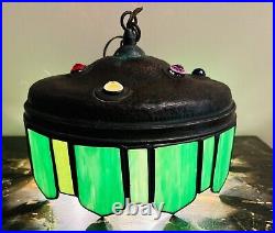 Unusual Arts & Crafts Green Slag Glass Jeweled Hammered Copper Hanging Lamp Unusual Arts & Crafts Green Slag Glass Jeweled Hammered Copper Hanging Lamp