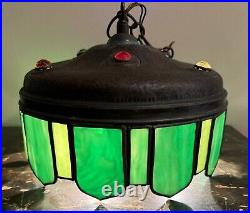 Unusual Arts & Crafts Green Slag Glass Jeweled Hammered Copper Hanging Lamp Unusual Arts & Crafts Green Slag Glass Jeweled Hammered Copper Hanging Lamp