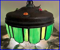 Unusual Arts & Crafts Green Slag Glass Jeweled Hammered Copper Hanging Lamp Unusual Arts & Crafts Green Slag Glass Jeweled Hammered Copper Hanging Lamp