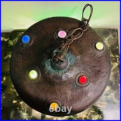 Unusual Arts & Crafts Green Slag Glass Jeweled Hammered Copper Hanging Lamp Unusual Arts & Crafts Green Slag Glass Jeweled Hammered Copper Hanging Lamp