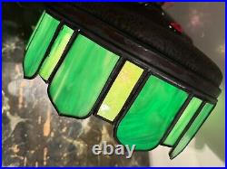 Unusual Arts & Crafts Green Slag Glass Jeweled Hammered Copper Hanging Lamp Unusual Arts & Crafts Green Slag Glass Jeweled Hammered Copper Hanging Lamp