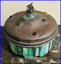 Unusual Arts & Crafts Green Slag Glass Jeweled Hammered Copper Hanging Lamp Unusual Arts & Crafts Green Slag Glass Jeweled Hammered Copper Hanging Lamp