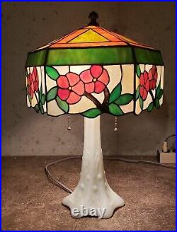 Unusual Floral Leaded Slag Stained Glass Lamp on Glass Base Handel Duffner Era
