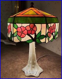 Unusual Floral Leaded Slag Stained Glass Lamp on Glass Base Handel Duffner Era