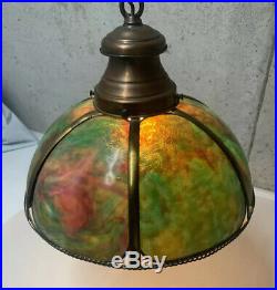 VINTAGE 1940s 60s Slag Art GREEN Glass Electric Hanging Lamp Copper Chain