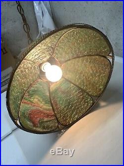 VINTAGE 1940s 60s Slag Art GREEN Glass Electric Hanging Lamp Copper Chain