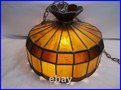 VINTAGE AMBER SLAG STAINED GLASS HANGING LAMP Large app. 16.5 x 13.5