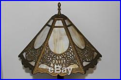 VINTAGE BRADLEY & HUBBARD CAST METAL TABLE LAMP With6 PANEL SLAG GLASS SHADE