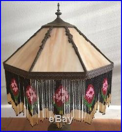 VINTAGE CARAMEL SLAG STAINED GLASS 8 PANEL LAMP SHADE WithBEADED FRINGE & FINIAL