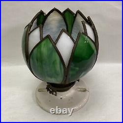 VINTAGE LEADED SLAG STAINED GLASS WHITE & GREEN TULIP FORM LAMP SHADE(only)