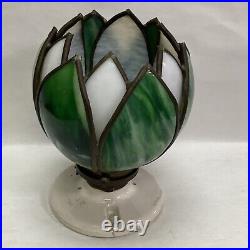 VINTAGE LEADED SLAG STAINED GLASS WHITE & GREEN TULIP FORM LAMP SHADE(only)