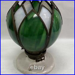 VINTAGE LEADED SLAG STAINED GLASS WHITE & GREEN TULIP FORM LAMP SHADE(only)