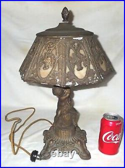 VINTAGE METAL FIGURAL CHILD SLAG GLASS TABLE LAMP w FLOWER BASKET FILIGREE SHADE