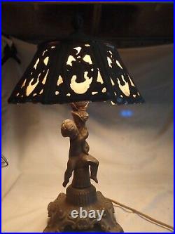 VINTAGE METAL FIGURAL CHILD SLAG GLASS TABLE LAMP w FLOWER BASKET FILIGREE SHADE