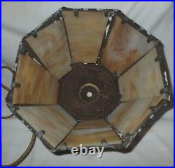 VINTAGE METAL FIGURAL CHILD SLAG GLASS TABLE LAMP w FLOWER BASKET FILIGREE SHADE