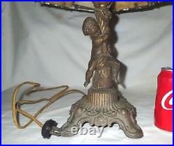 VINTAGE METAL FIGURAL CHILD SLAG GLASS TABLE LAMP w FLOWER BASKET FILIGREE SHADE