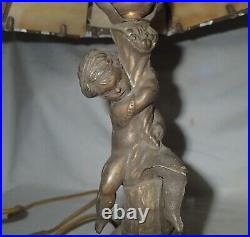 VINTAGE METAL FIGURAL CHILD SLAG GLASS TABLE LAMP w FLOWER BASKET FILIGREE SHADE