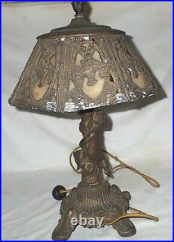 VINTAGE METAL FIGURAL CHILD SLAG GLASS TABLE LAMP w FLOWER BASKET FILIGREE SHADE