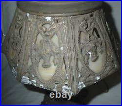 VINTAGE METAL FIGURAL CHILD SLAG GLASS TABLE LAMP w FLOWER BASKET FILIGREE SHADE