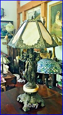 VINTAGE THREE GRACES LAMP BASE With ANTIQUE SLAG 6 PANEL GLASS SHADE