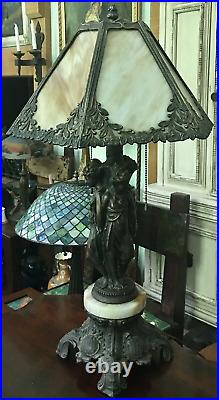 VINTAGE THREE GRACES LAMP BASE With ANTIQUE SLAG 6 PANEL GLASS SHADE